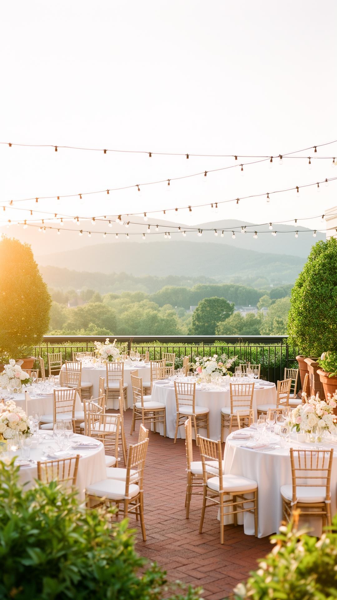 Charlottesville rooftop venue at golden hour with string lights and the Blue Ridge