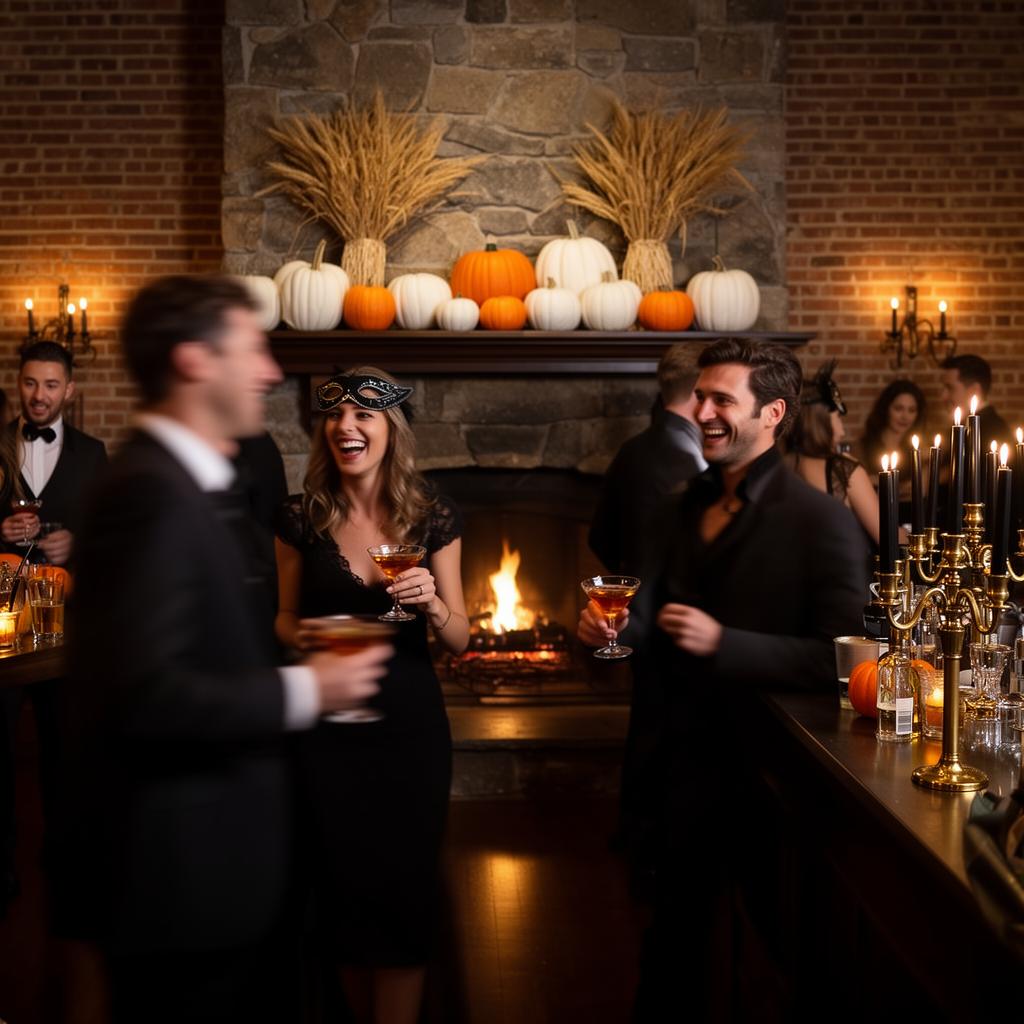 Sophisticated adult Halloween cocktail party at a Charlottesville venue with a stone fireplace, pumpkins on the mantel, and guests holding amber cocktails
