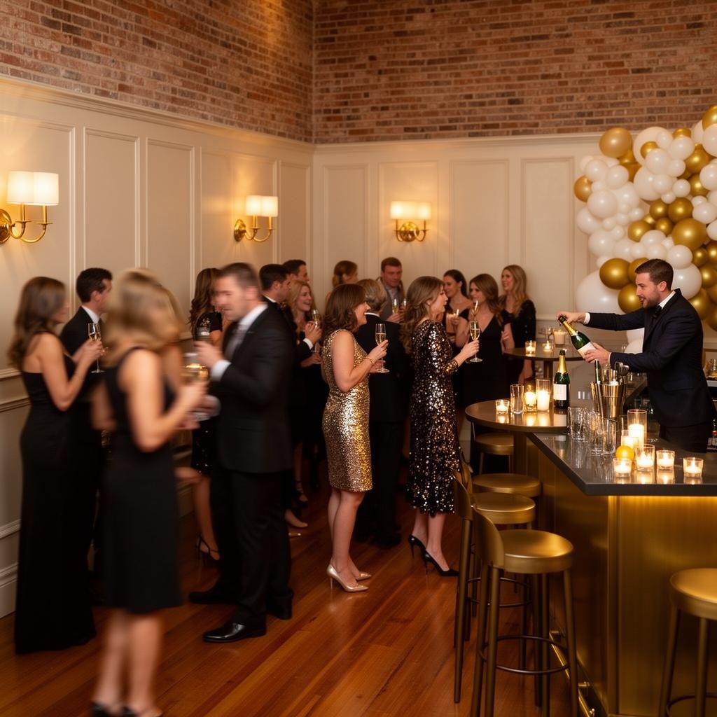 Glamorous New Year's Eve cocktail party at a Charlottesville venue with champagne, a gold balloon installation, and guests in sequined attire